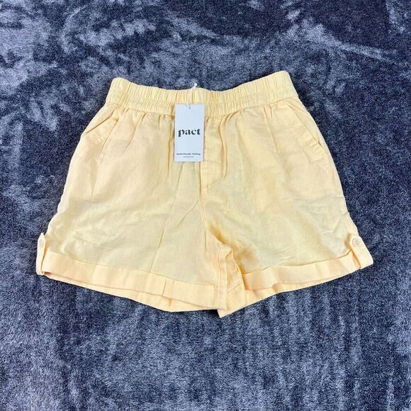 Pact Daffodil Rhea Tabbed Shorts Cuffed Pockets Linen Cotton Yellow S NWT - Picture 1 of 8